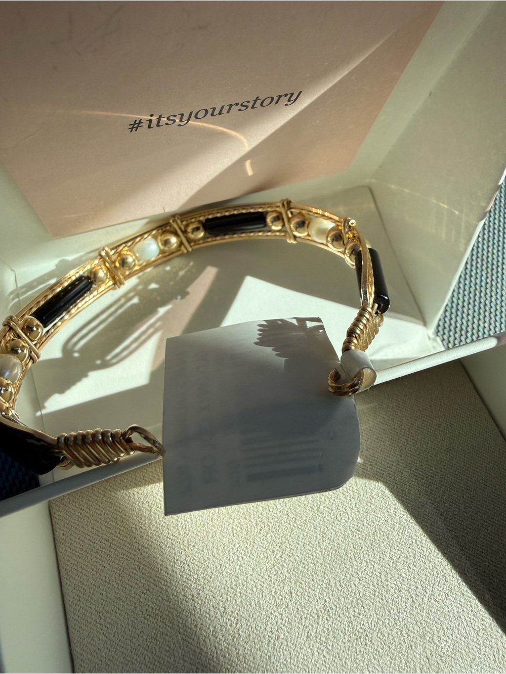 RONALDO- Gold Bracelet with Black Onyx Bars and Pearl Accents - Picture 3 of 4
